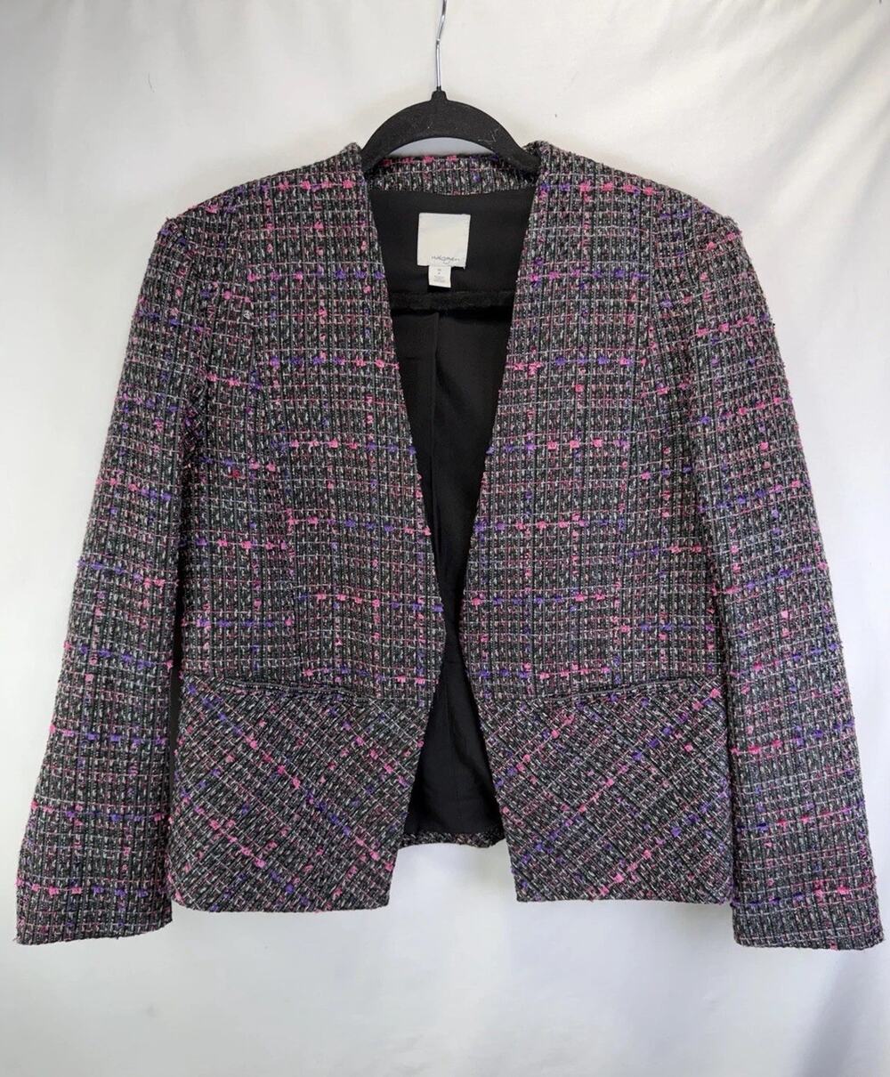 Halogen Open Front Tweed Jacket Blazer Petite Sz MP Black Purple Pink Lined